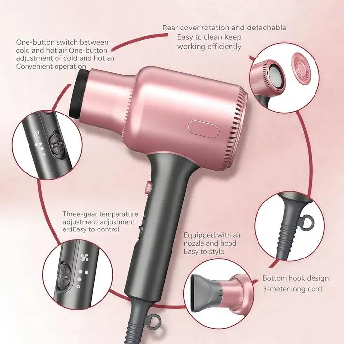 Sèche-cheveux professionnel 1600W avec 3 accessoires
