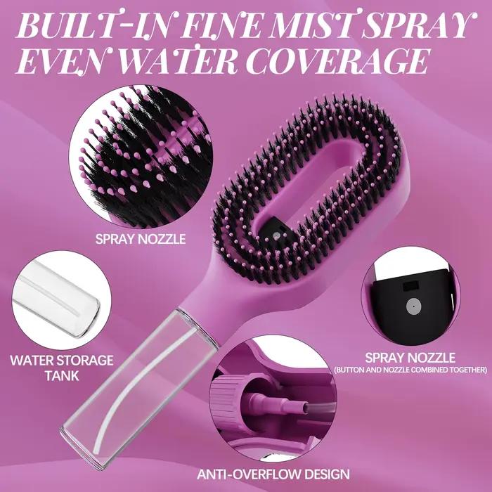 Brosse démêlante 2-en-1 manuelle avec pulvérisateur intégré pour cheveux bouclés – Brume fine anti-frisottis – Idéale
