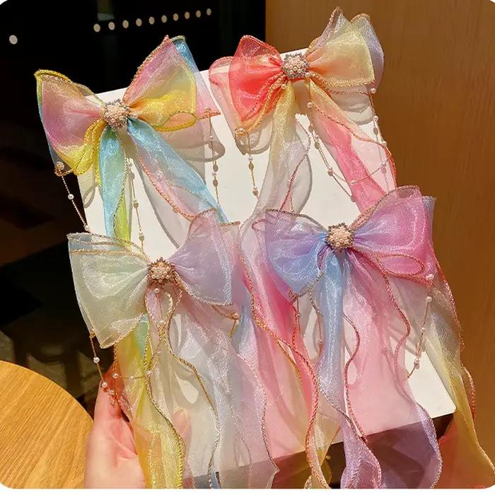 Accessoires de cheveux de mode nouvelles filles mignon coloré en mousseline de soie arc ruban épingles