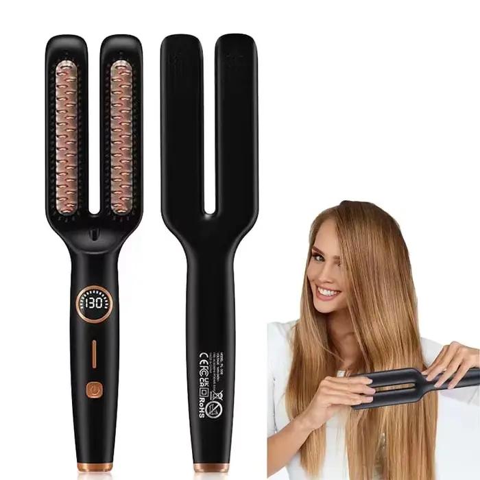 Brosse lissante chauffante 2-en-1 en céramique à double plaque chauffante, chauffage rapide, écran LCD numérique, anti-brûlure, peigne lisseur de cheveux en une seule étape