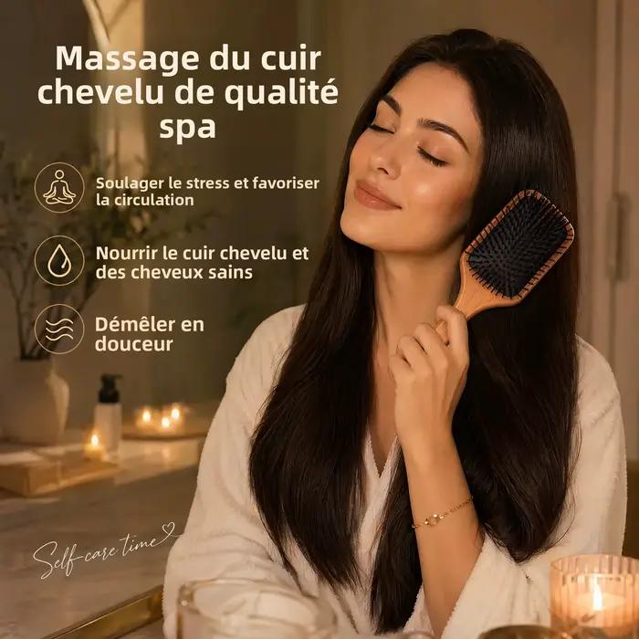 Brosse à cheveux en bois de qualité supérieure avec coussin en caoutchouc – Massage doux du cuir chevelu et contrôle