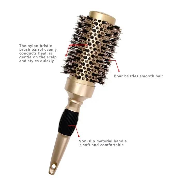 Brosse volumisante à poils de sanglier avec corps en aluminium conducteur de chaleur pour séchage, bouclage et démêlage des cheveux