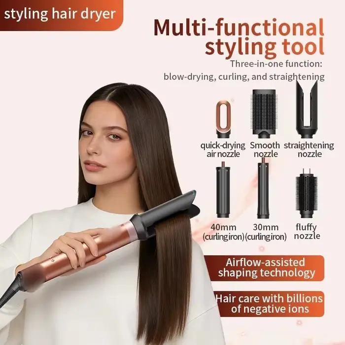 Sèche-cheveux professionnel multifonctionnel 6-en-1 1700W, brosse à air chaud et froid, fer à boucler, lisseur, qualité salon, séchage rapide