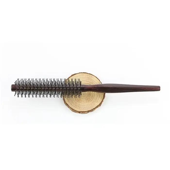 Mini brosse à cheveux ronde en nylon avec manche en bois pour hommes et femmes