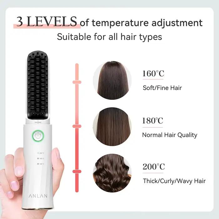 ANLAN Brosse lissante sans fil 3 températures Ions négatifs Céramique anti-brûlure Coiffure Peigne chauffant électrique portable