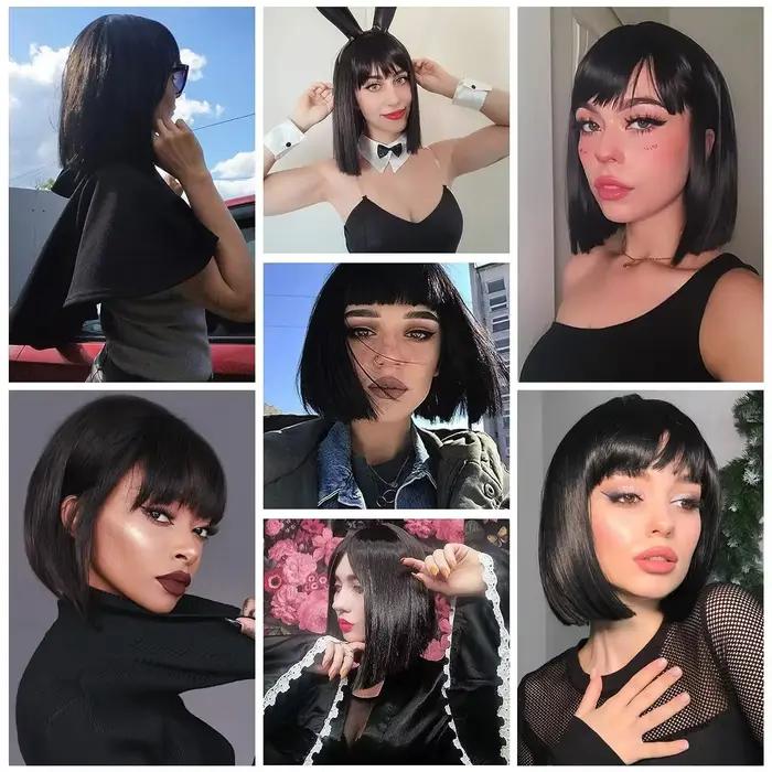 Perruque Bob Noire Courte avec Frange pour Femme, Perruques Droites, Degré de Chaleur, Ultraviolet Synthétique, Mia Wallace, Aleopatra Cospaly