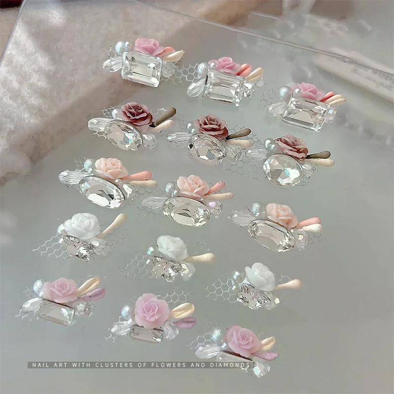 Lumière de luxe 3D cristal strass verre dentelle fleur Pile breloques bijoux Nail Art accessoires manucure ongles décoration fournitures