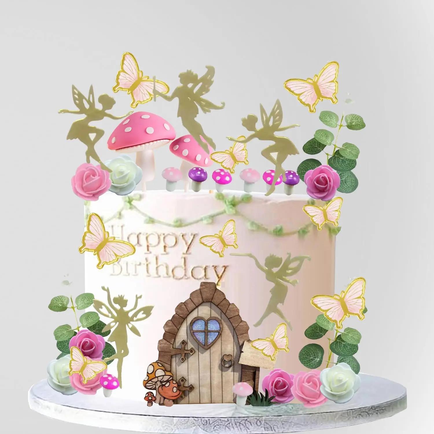 Décoration de gâteau féerique, décoration de gâteau féerique, porte champignon rose, papillon, fleur, décoration de gâteau, décoration de jardin féerique pour fête féerique