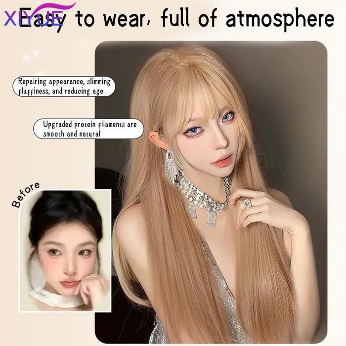 Perruque synthétique dorée avec frange naturelle moelleuse, cheveux lisses, longueur à la taille, po