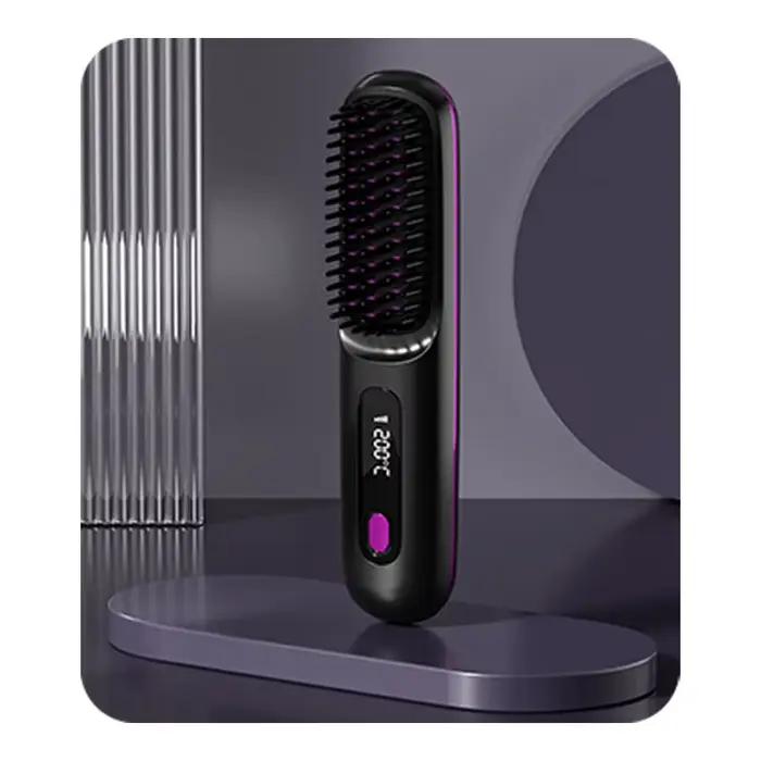 Brosse à cheveux électrique sans fil à température réglable, lisseur, chauffage rapide, ions négatif