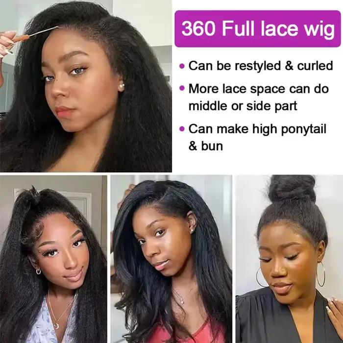 Perruques frontales 360 HD Lace Kinky Straight en cheveux humains brésiliens, densité 220, noires, p