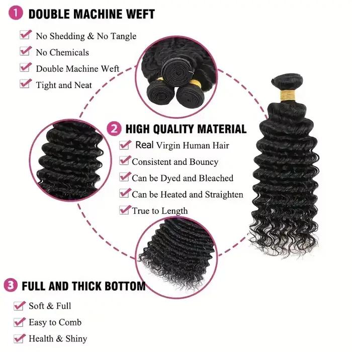Extensions de Cheveux Humains Ondulés Profonds, 38 Pouces, Cheveux Brésiliens Vierges Non Traités, D