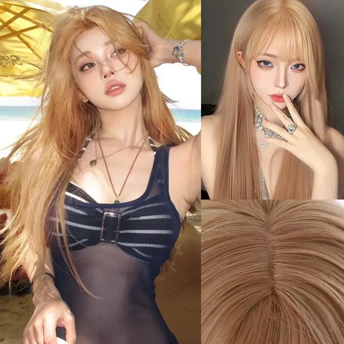Perruque synthétique dorée avec frange naturelle moelleuse, cheveux lisses, longueur à la taille, po