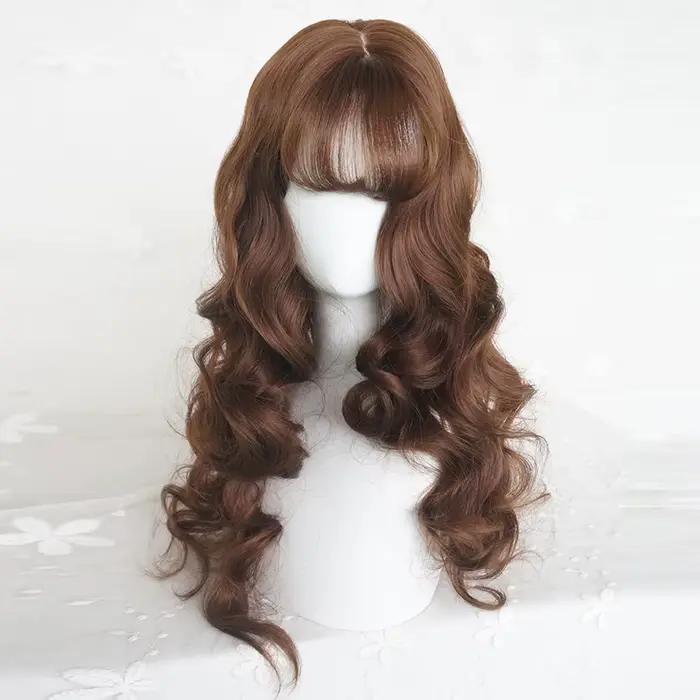 Perruque synthétique longue ondulée marron avec frange pour femmes, perruque de Cosplay Lolita moell