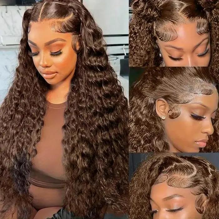 38Inch Chocolate Brown Curly Wave HD Lace Front Wig 13x4 13x6 Water Wave HD Lace Frontal Human Hair