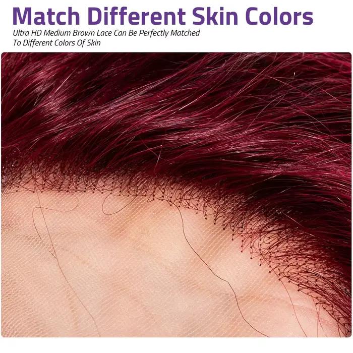 99J rouge bordeaux couleur dentelle frontale perruques de cheveux humains 13X6 HD droite dentelle av