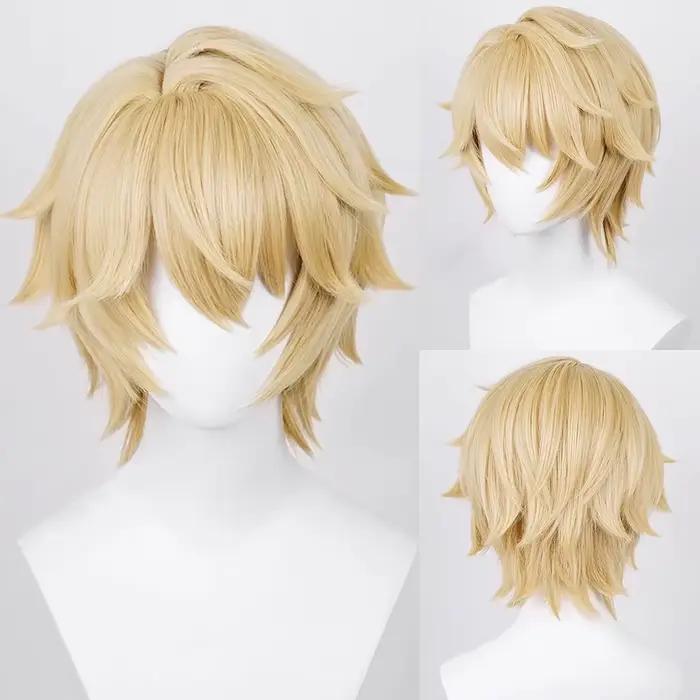 Perruque Synthétique Blonde Courte Droite avec Frange pour Homme, Anime Game Cosplay Fluffy, Perruqu
