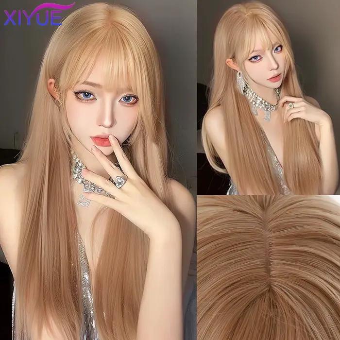 Perruque synthétique dorée avec frange naturelle moelleuse, cheveux lisses, longueur à la taille, po