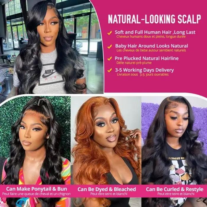 Perruque Lace Frontal Wig brésilienne naturelle, cheveux humains, Body Wave, densité 250%, 13x4, 13x