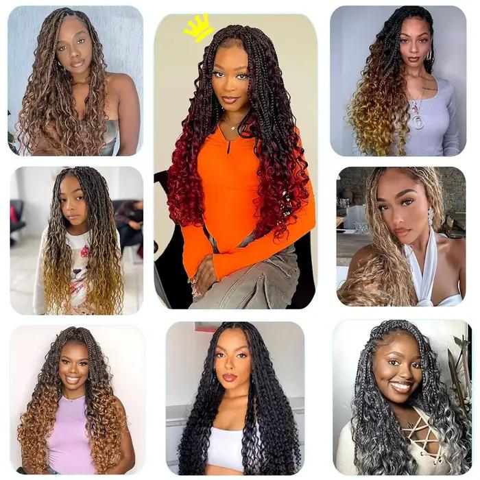 Tresses synthétiques en boîte de déesse, cheveux au Crochet avec extrémités bouclées, Extensions cap