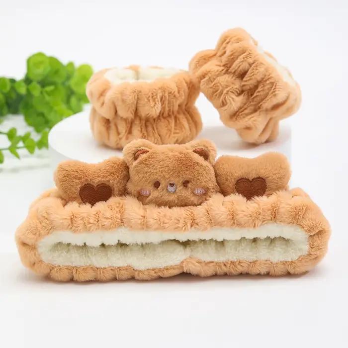 3 pièces lavage visage bandeau doux confortable en peluche bandeau bracelet ensemble pour les filles