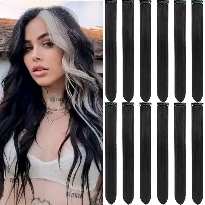 Extensions capillaires synthétiques noires longues et lisses, 12 pièces, postiches colorées à reflet
