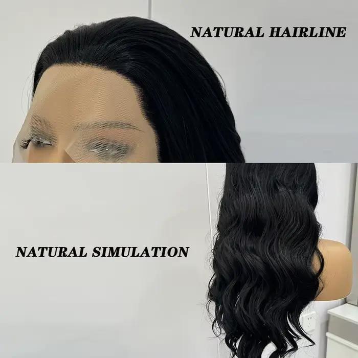 Perruques Lace Front synthétiques noires pour femmes, cheveux longs, corps ondulé, fibre de degré de