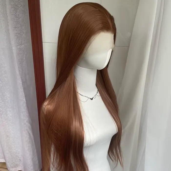Perruque Lace Front Wig synthétique lisse et longue, brun miel, 13x4, 26 pouces, sans colle, nouée à
