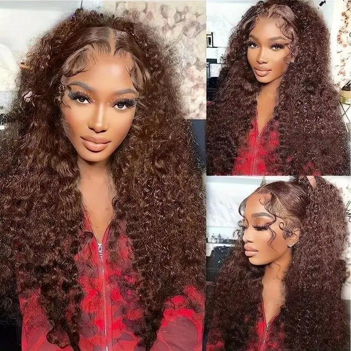 38Inch Chocolate Brown Curly Wave HD Lace Front Wig 13x4 13x6 Water Wave HD Lace Frontal Human Hair
