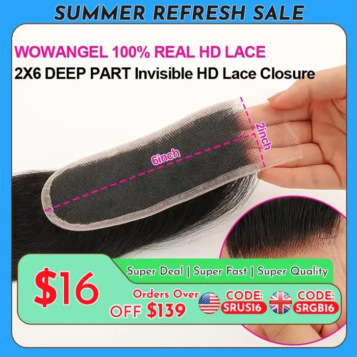 WOWANGEL 2x6 séparation profonde HD dentelle fermeture frontale seulement peau fondu cheveux raides Kim K