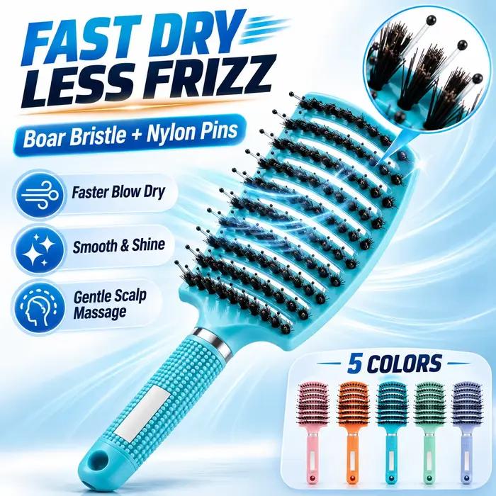 Brosse à cheveux démêlante à picots en nylon et poils de sanglier, séchage rapide, anti-frisottis, pour cheveux humides et secs, masseur de cuir chevelu