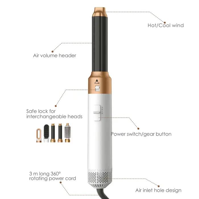 Brosse Soufflante Chauffante 5-en-1 avec Fer à Boucler Électrique et Séchoir à Cheveux