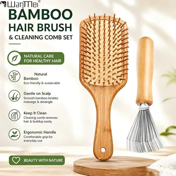 Brosse à cheveux en bambou avec kit de nettoyage
