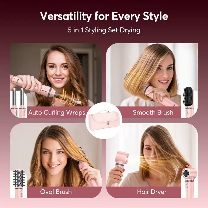 Styler à air chaud 5 en 1 avec sac de voyage - Sèche-cheveux brosse professionnel haute vitesse 1200W avec boucleurs automatiques à enroulement rapide