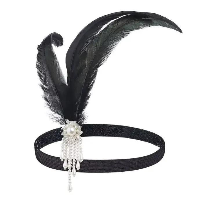 Bandeau de cheveux en plumes avec pompon en diamant