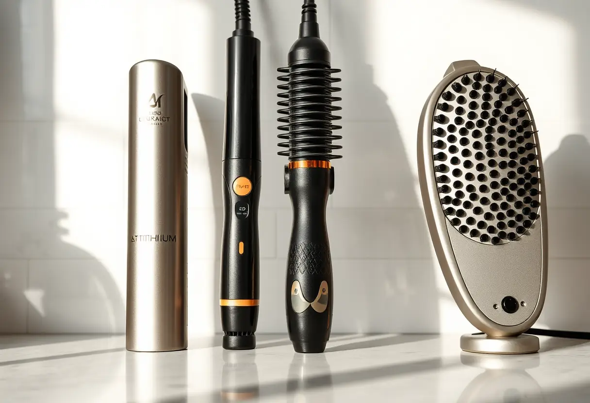 Des outils de coiffure alignés sur un comptoir, lumière naturelle