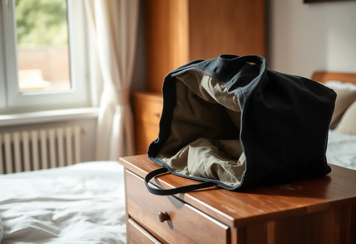 Sac en toile noir ouvert sur une commode montrant un lisseur à la vapeur