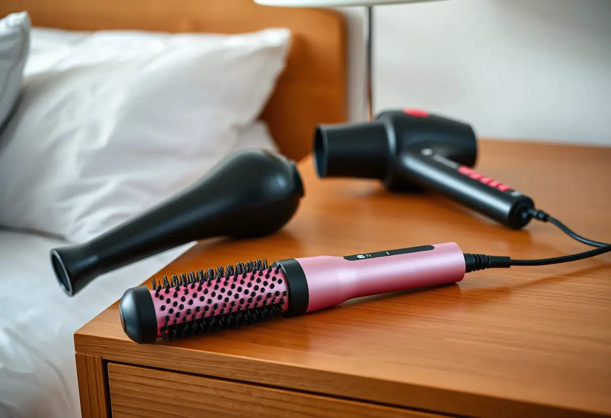 Un peigne à boucler chauffant sur une commode, outil pratique pour le brushing