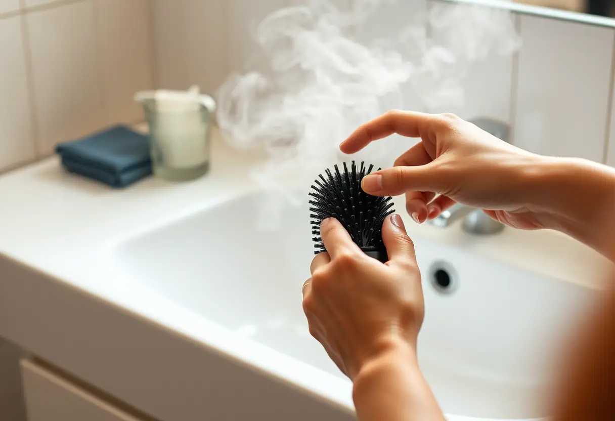 Une main tenant un pinceau humide près d'un lavabo