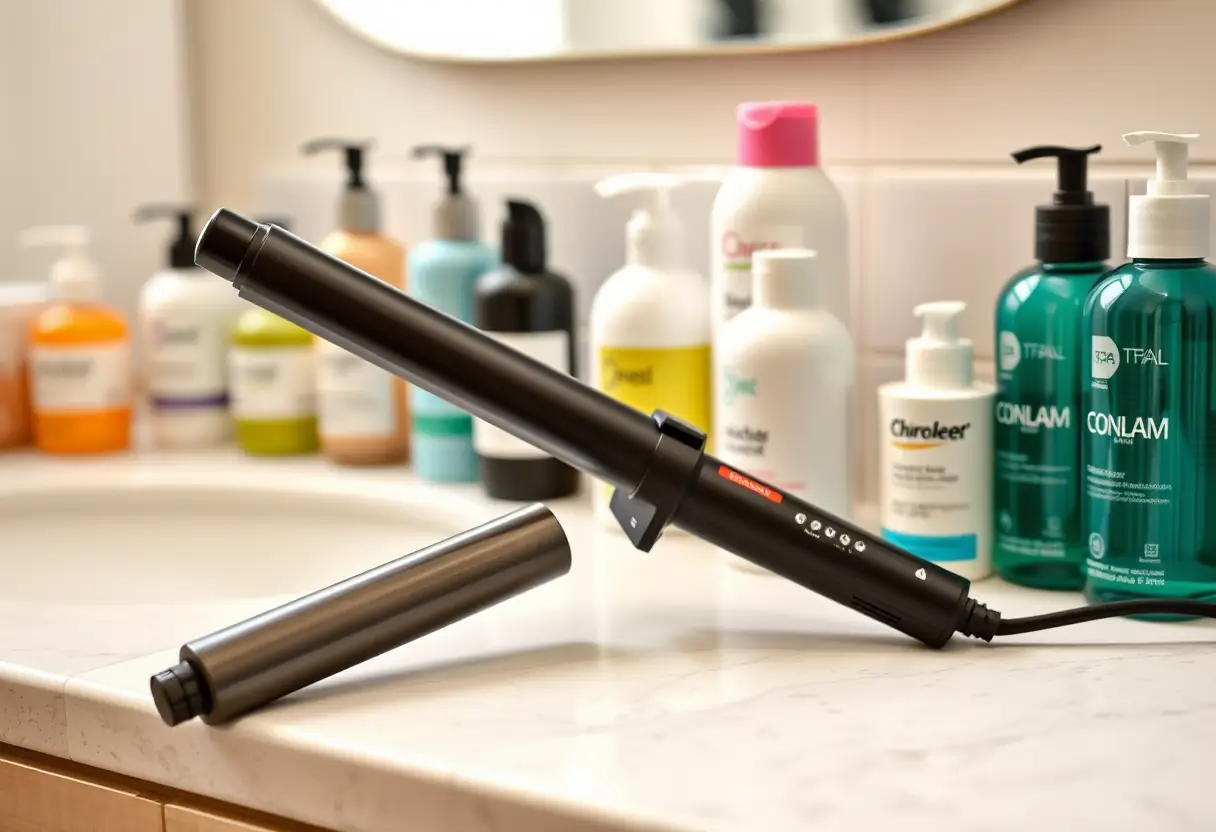 Un fer à boucler moderne avec plusieurs tailles de barreaux sur un meuble de toilette, entouré de produits capillaires
