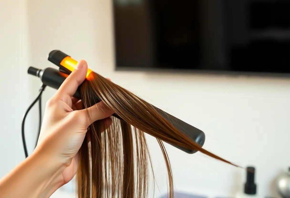 Une main tenant un fer à lisser traditionnel au-dessus d’une mèche de cheveux