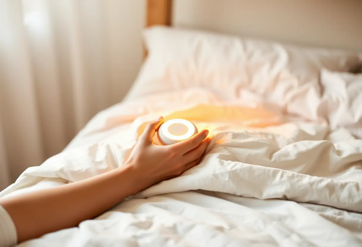 Une main tient un lisseur démeliss au-dessus d'un lit, soulignant son confort d'utilisation