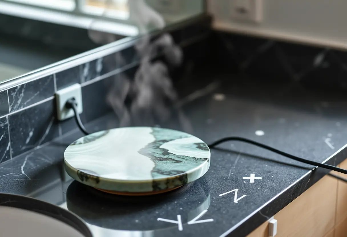 Un meuble de salle de bains avec une plaque chauffante branchée, la vapeur se condensant sur la surface