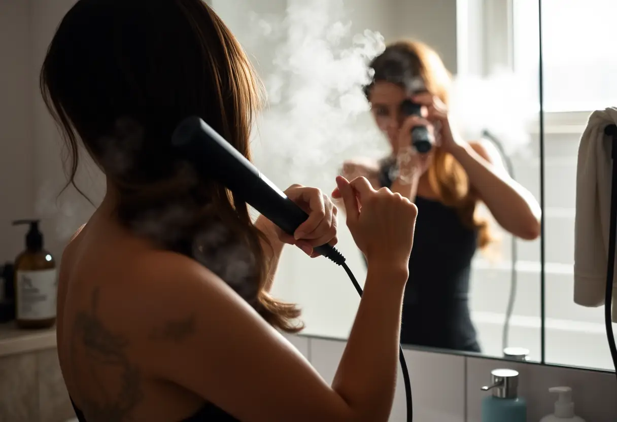 Silhouette de femme se lissant les cheveux avec de la vapeur