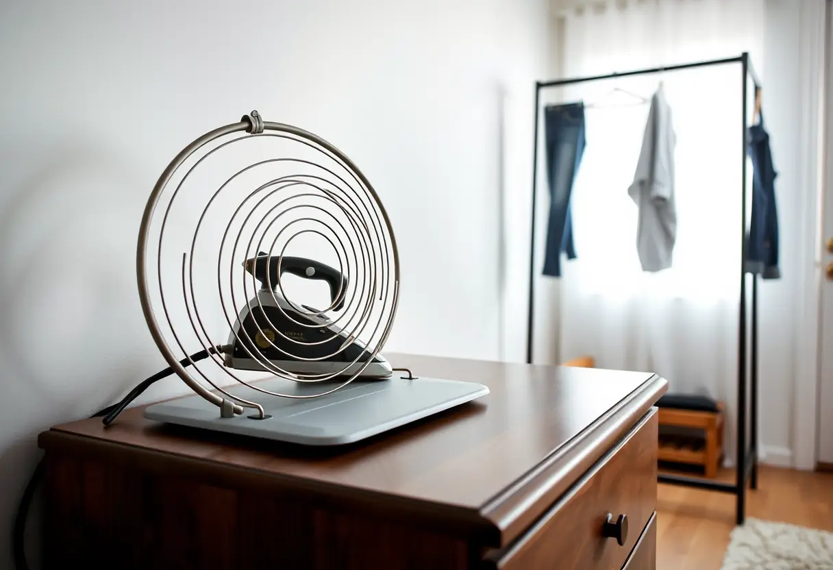 Un lisseur-boucleur sur une commode dans une chambre, avec des vêtements accrochés près