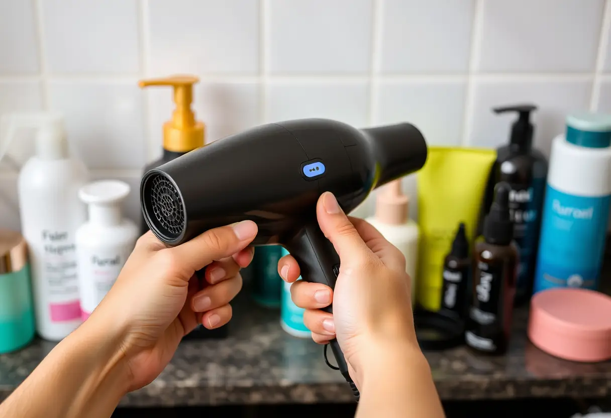 Sèche-cheveux avec bouton de refroidissement sur un comptoir de coiffure